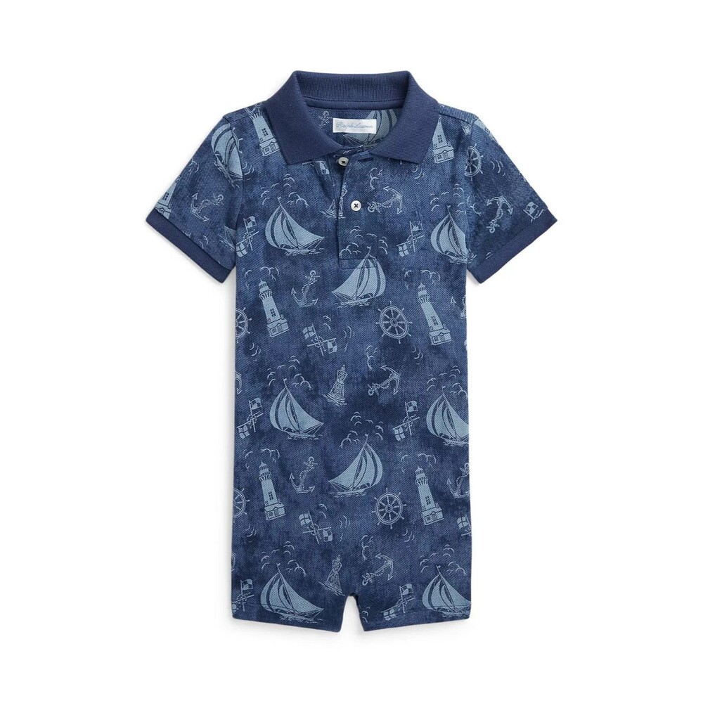 NWT RALPH LAUREN Baby boys romper 9 MOS Nautical-Print Cotton Mesh Polo Shortall